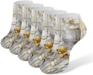 Beige Flower Bud Pattern Ankle Socks for Men & Women, 5 Pairs Breathable Soft Low Cut Socks, Stretch Sweat Wicking Sox