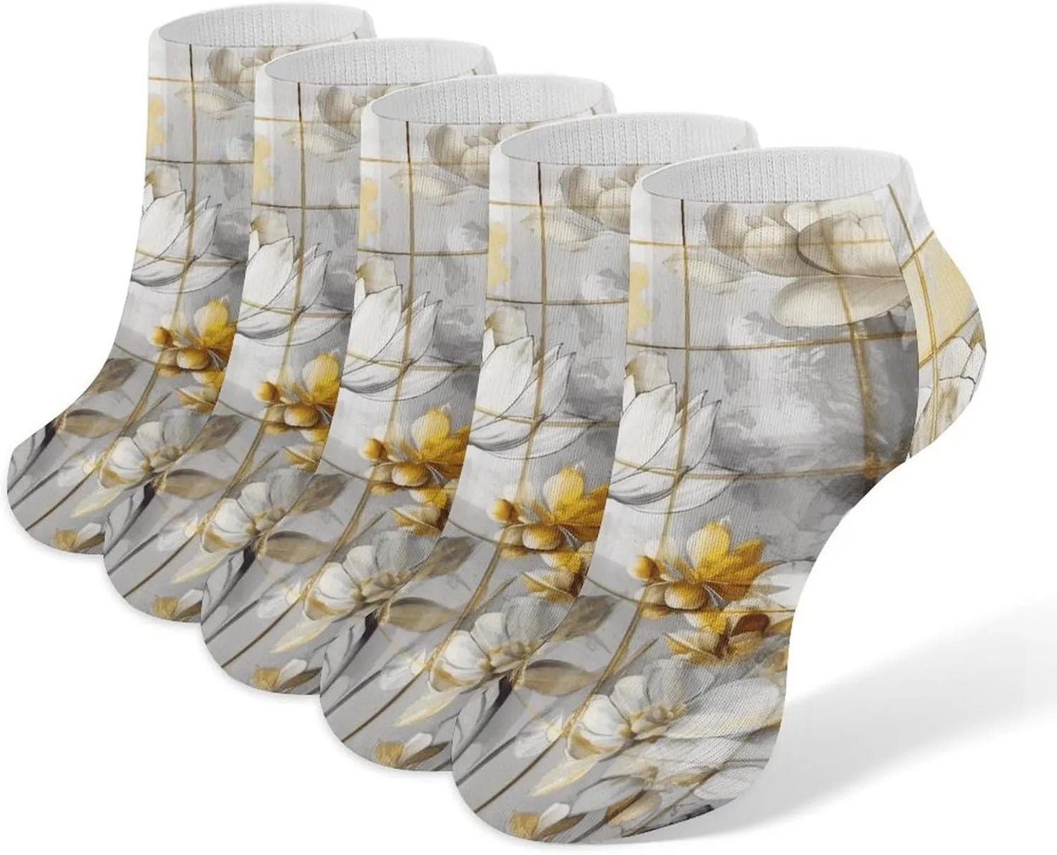 Beige Flower Bud Pattern Ankle Socks for Men & Women, 5 Pairs Breathable Soft Low Cut Socks, Stretch Sweat Wicking Sox