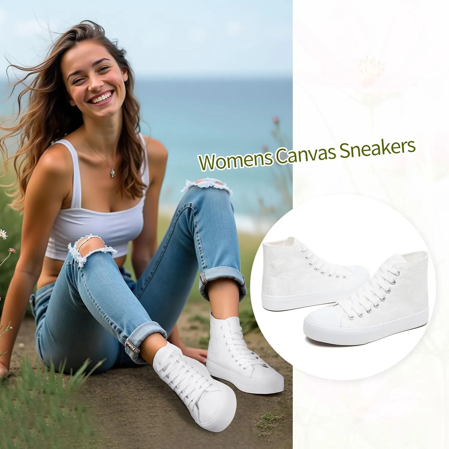 BENPAO Women's High Top Canvas Sneakers, Floral Embroidered Fashion Tennis Shoes - White Breathable Casual Walking Shoes