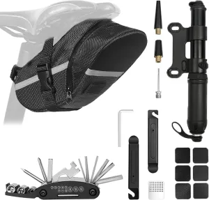 Bicycle Seat Bag Water Proof with Bike Tool Kits, Bike Pack Under Seat with Bike Tire Pump Bicycle Repair Bag Portable Wrenches Glueless Tire Patchs 15 in 1