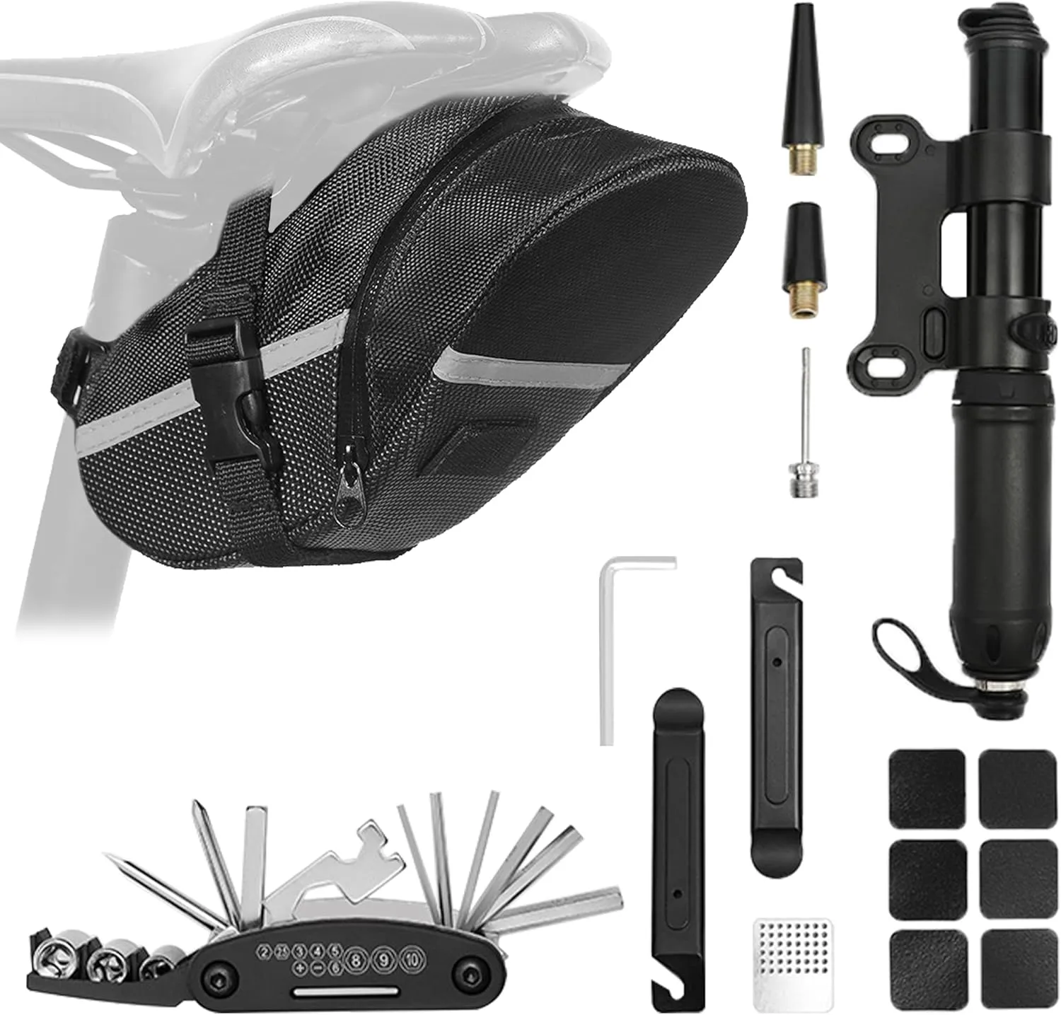 Bicycle Seat Bag Water Proof with Bike Tool Kits, Bike Pack Under Seat with Bike Tire Pump Bicycle Repair Bag Portable Wrenches Glueless Tire Patchs 15 in 1