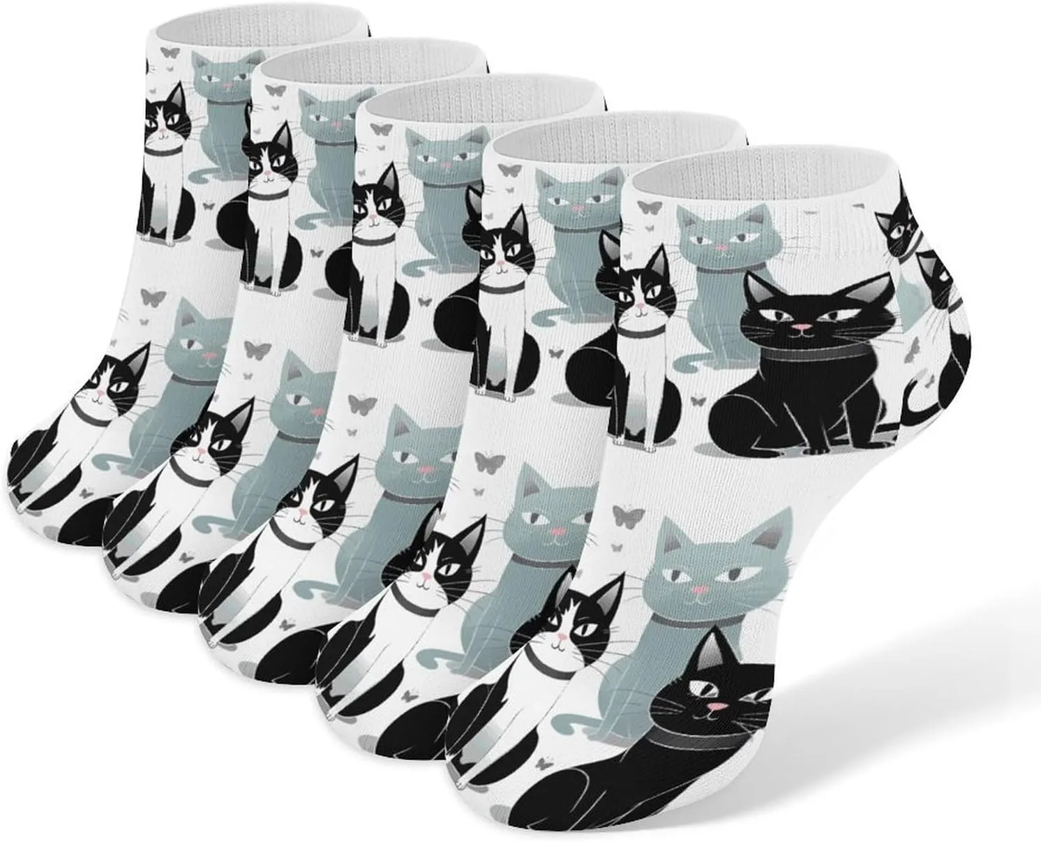 Black And White Cats Ankle Socks for Men & Women, 5 Pairs Breathable Soft Low Cut Socks, Stretch Sweat Wicking Sox