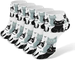 Black And White Cats Ankle Socks for Men & Women, 5 Pairs Breathable Soft Low Cut Socks, Stretch Sweat Wicking Sox