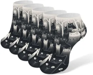 Black Cats Ankle Socks for Men & Women, 5 Pairs Breathable Soft Low Cut Socks, Stretch Sweat Wicking Sox