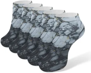 Black Textured Marble Ankle Socks for Men & Women, 5 Pairs Breathable Soft Low Cut Socks, Stretch Sweat Wicking Sox