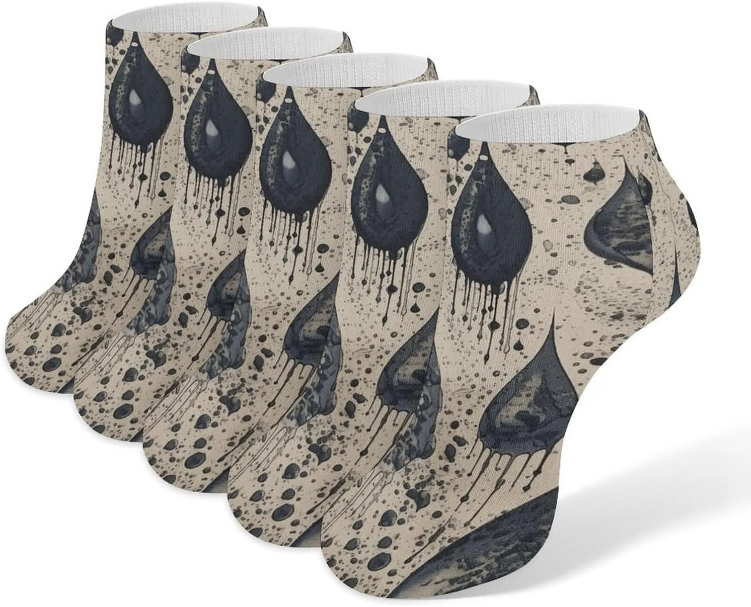 Black Water Drop Pattern Ankle Socks for Men & Women, 5 Pairs Breathable Soft Low Cut Socks, Stretch Sweat Wicking Sox