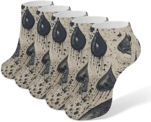 Black Water Drop Pattern Ankle Socks for Men & Women, 5 Pairs Breathable Soft Low Cut Socks, Stretch Sweat Wicking Sox