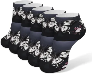 Black White Butterfly Ankle Socks for Men & Women, 5 Pairs Breathable Soft Low Cut Socks, Stretch Sweat Wicking Sox