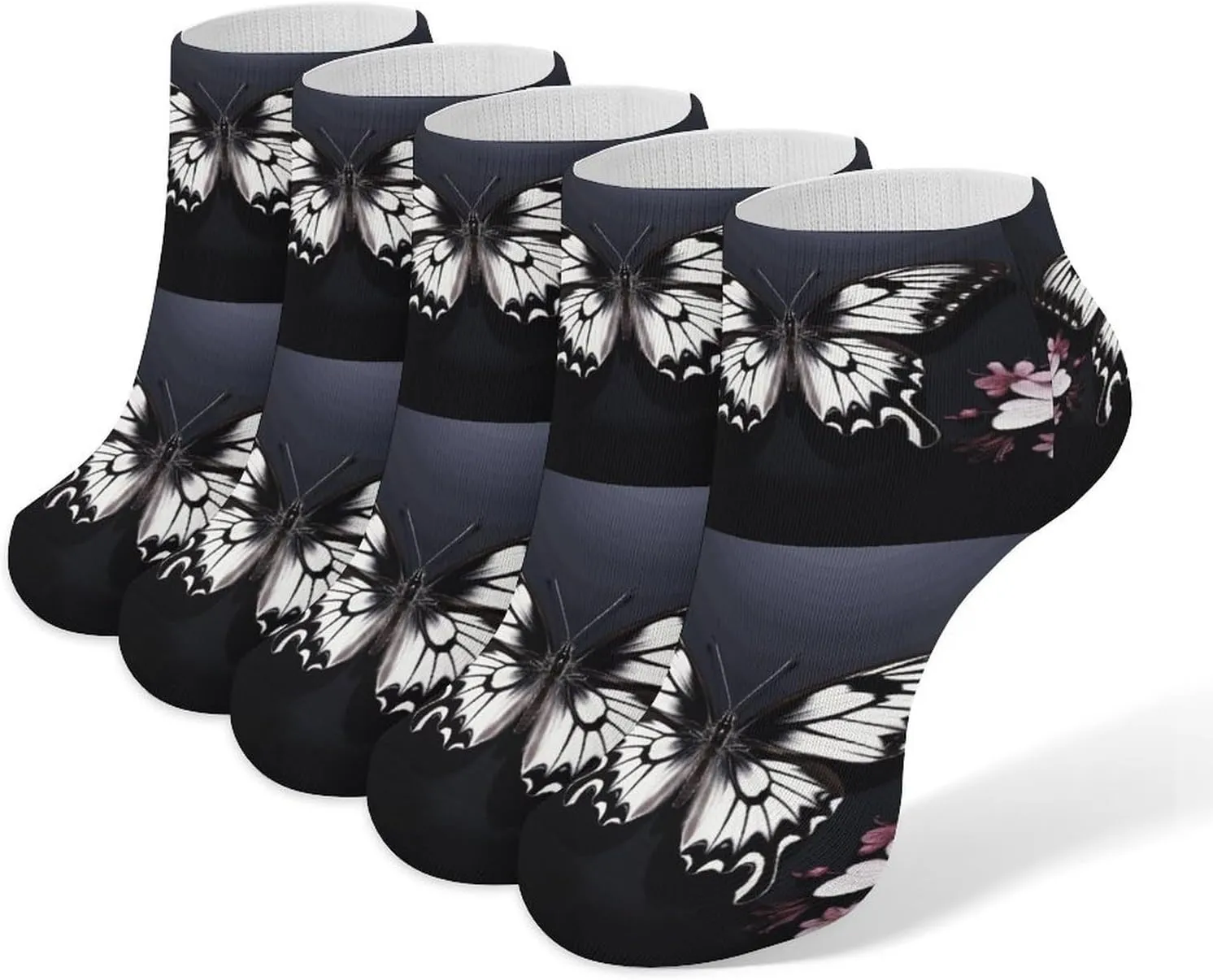 Black White Butterfly Ankle Socks for Men & Women, 5 Pairs Breathable Soft Low Cut Socks, Stretch Sweat Wicking Sox
