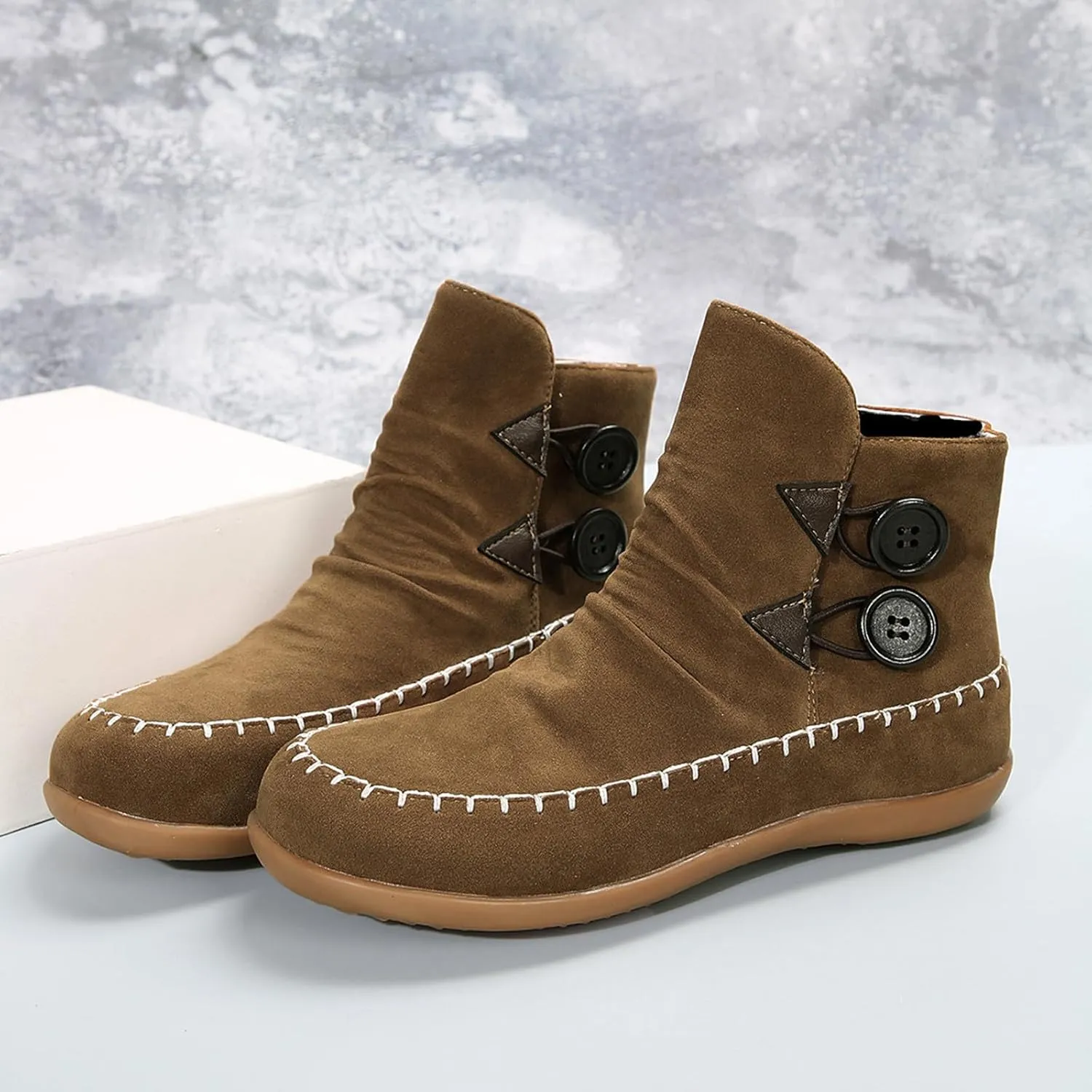 Boho Boots for Women Fashion Ethnic Ankle Boots Buckle Fall Winter Short Booties Round Toe Western Boots Suede Flat Booties No Heel Shoes