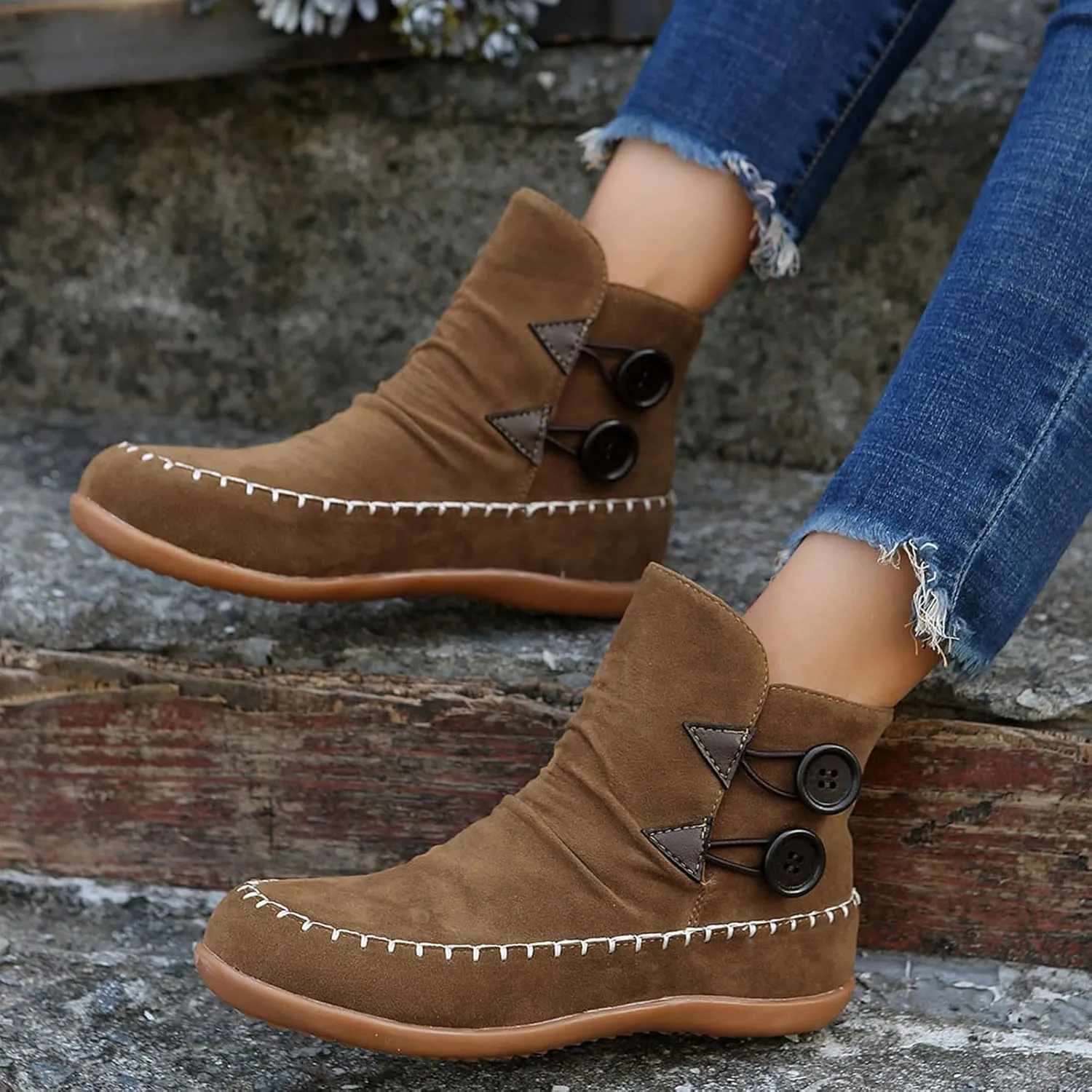 Boho Boots for Women Fashion Ethnic Ankle Boots Buckle Fall Winter Short Booties Round Toe Western Boots Suede Flat Booties No Heel Shoes