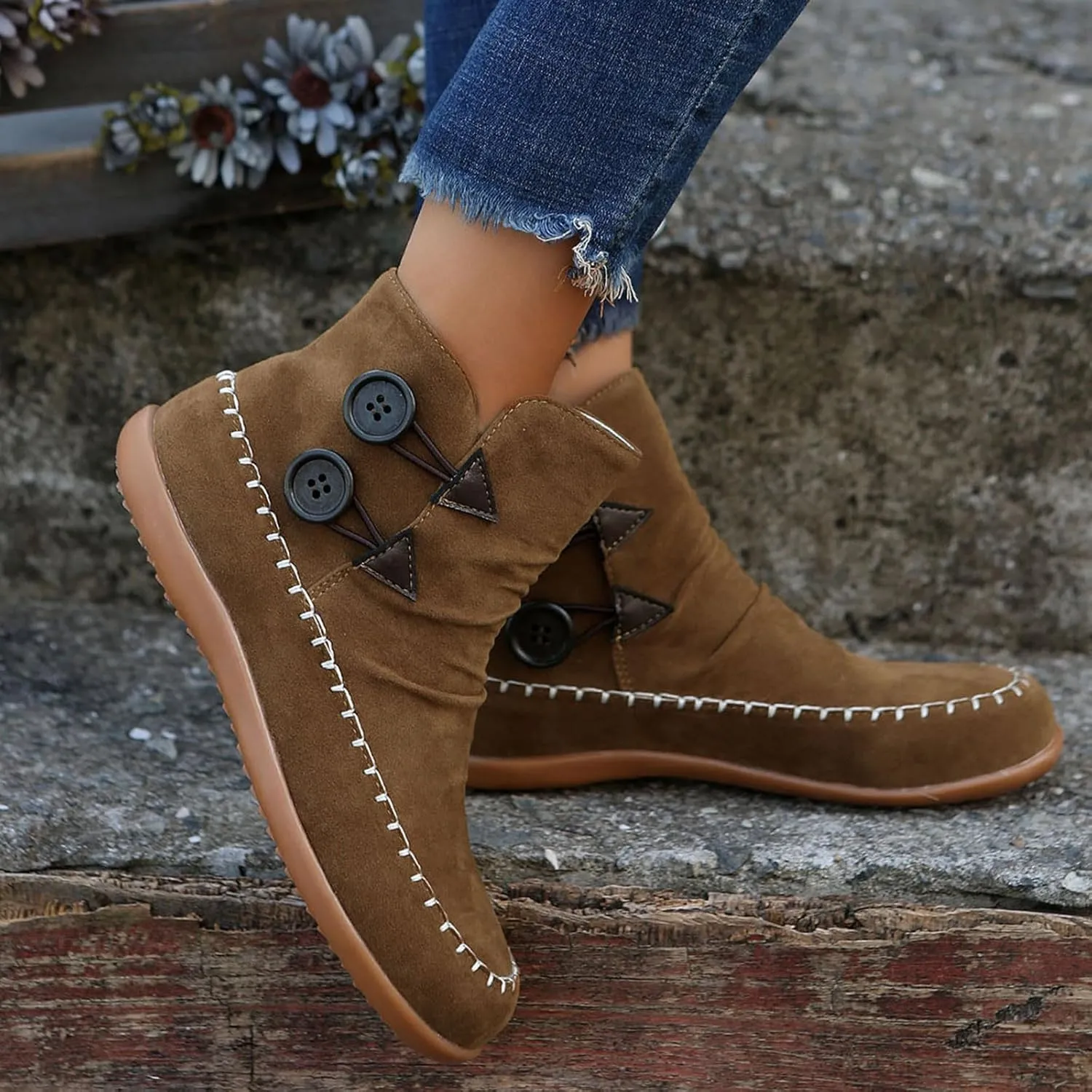 Boho Boots for Women Fashion Ethnic Ankle Boots Buckle Fall Winter Short Booties Round Toe Western Boots Suede Flat Booties No Heel Shoes