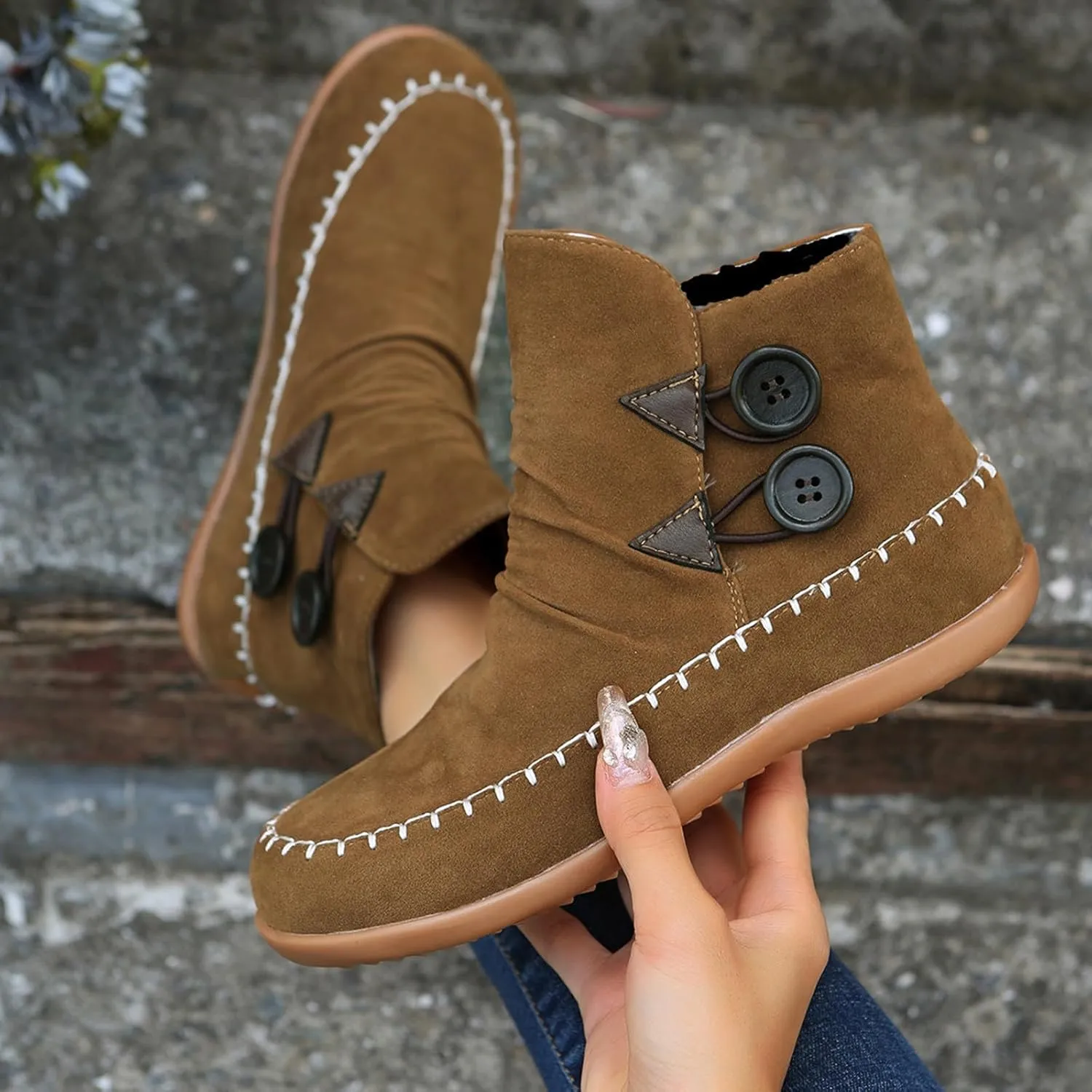 Boho Boots for Women Fashion Ethnic Ankle Boots Buckle Fall Winter Short Booties Round Toe Western Boots Suede Flat Booties No Heel Shoes