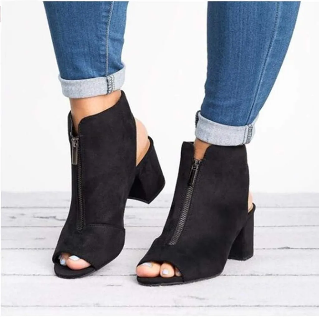BORAMAX Womens Open Toe Heel Sandals, Fashion Cutout Side Strap Zipper Chunky Heel Sandals Slip On Ankle Backless Booties
