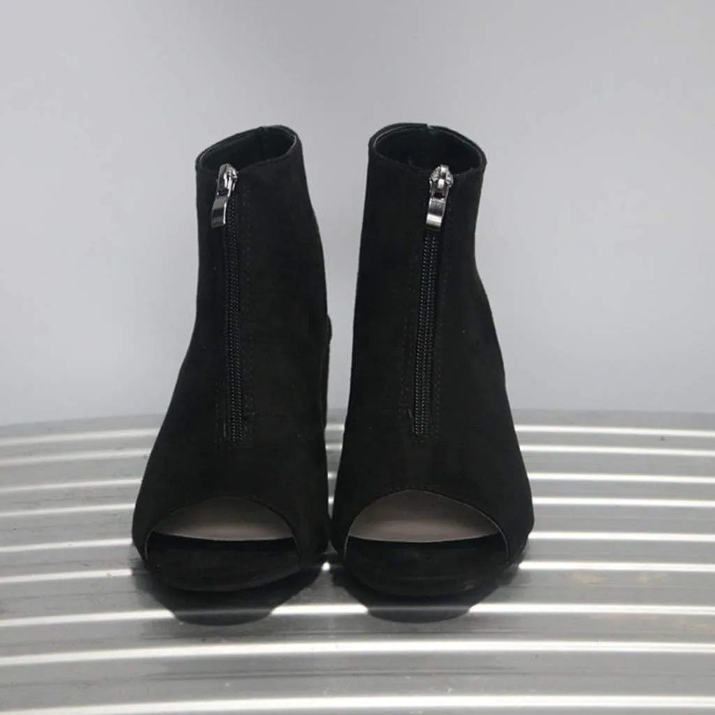 BORAMAX Womens Open Toe Heel Sandals, Fashion Cutout Side Strap Zipper Chunky Heel Sandals Slip On Ankle Backless Booties