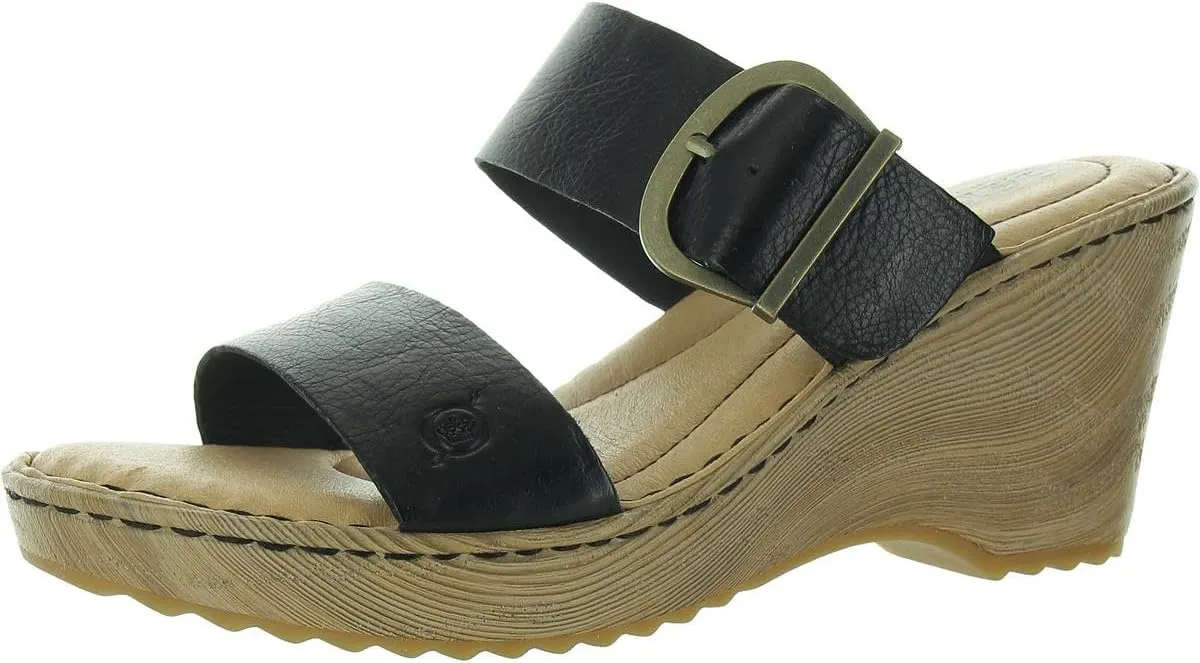 BORN Womens Buckle Leather Wedge Sandals