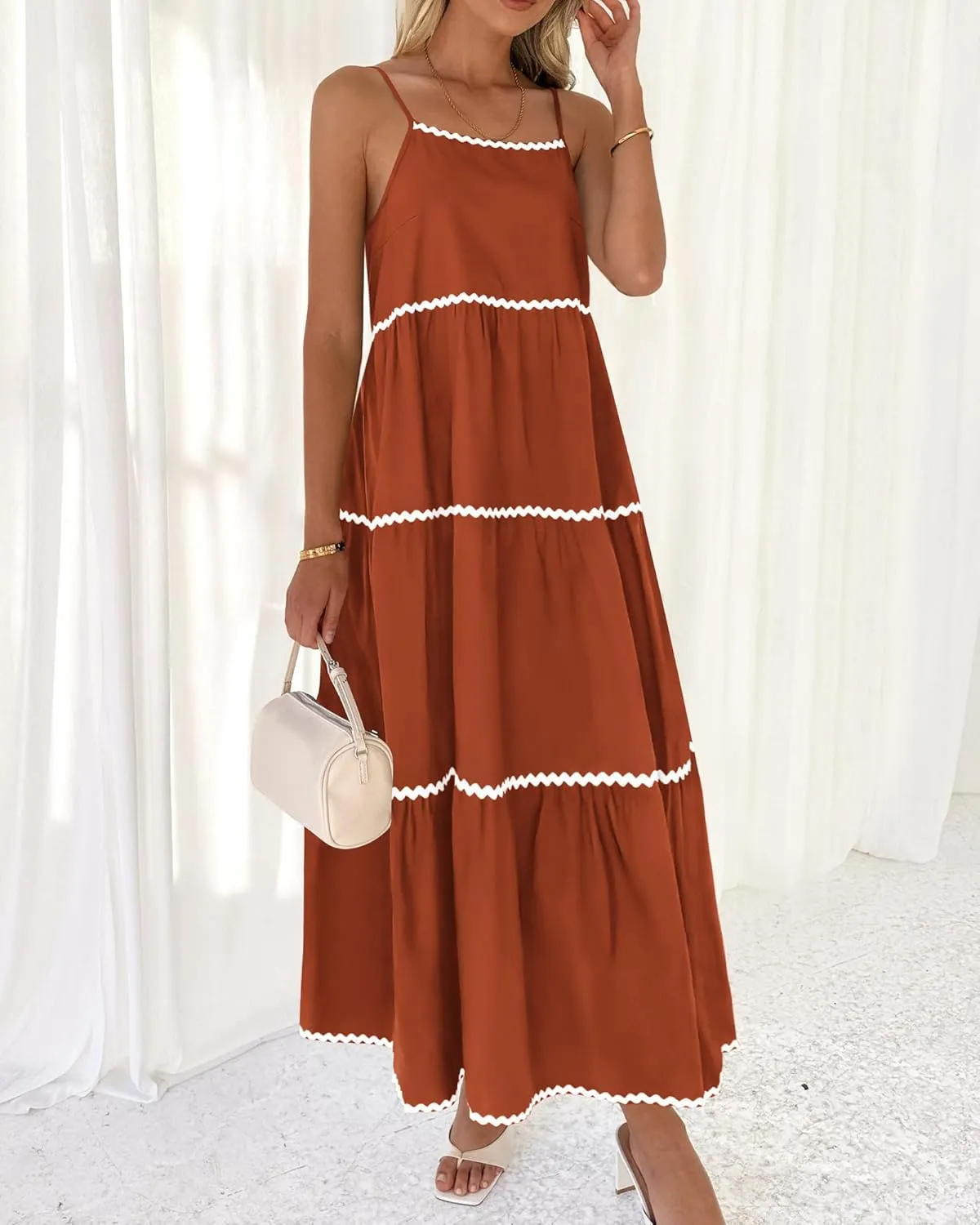 BTFBM Boho Summer Dresses 2025 Spaghetti Strap Backless Sundress RIC Rac Trim Tiered A-Line Long Casual Vacation Dress