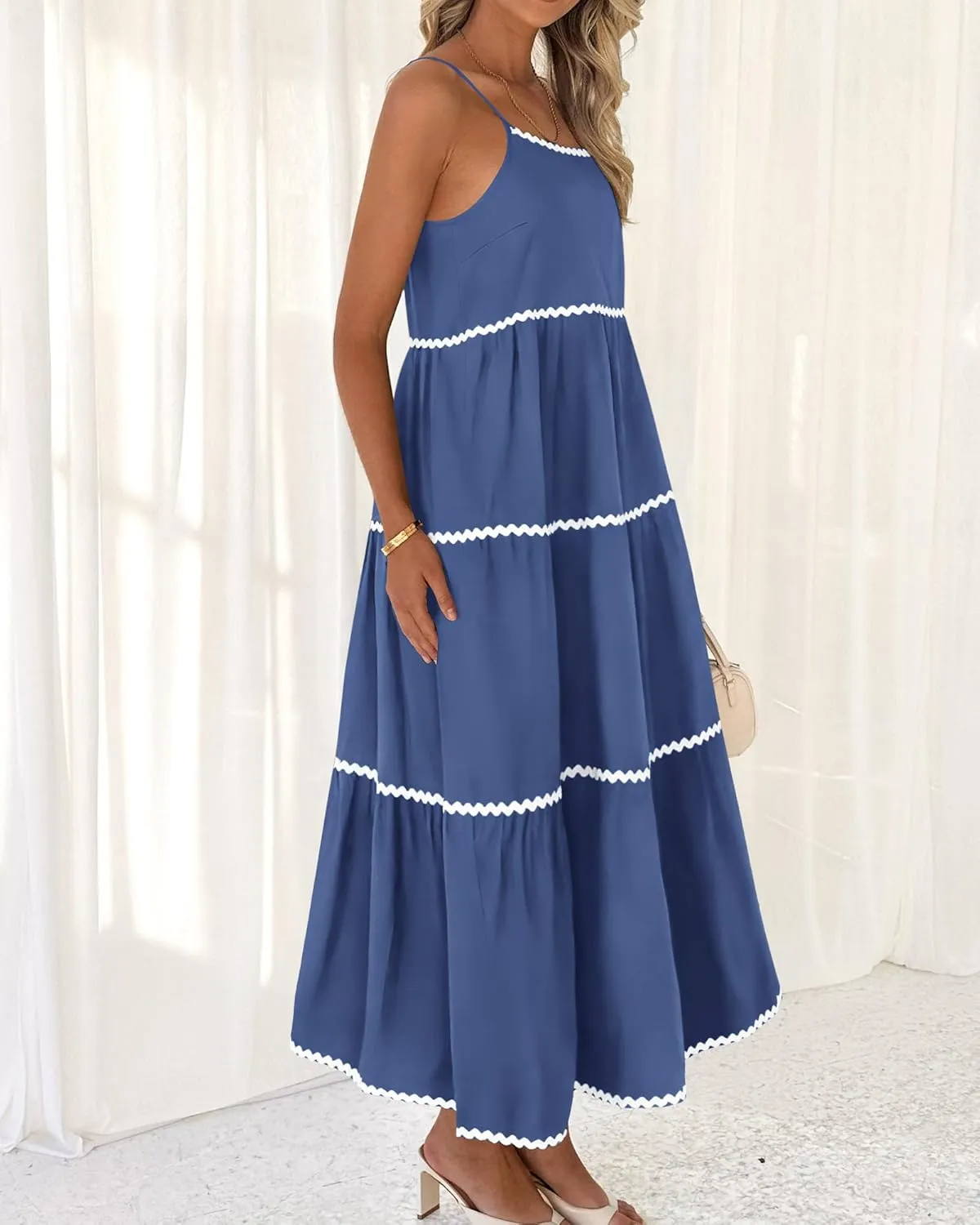 BTFBM Boho Summer Dresses 2025 Spaghetti Strap Backless Sundress RIC Rac Trim Tiered A-Line Long Casual Vacation Dress