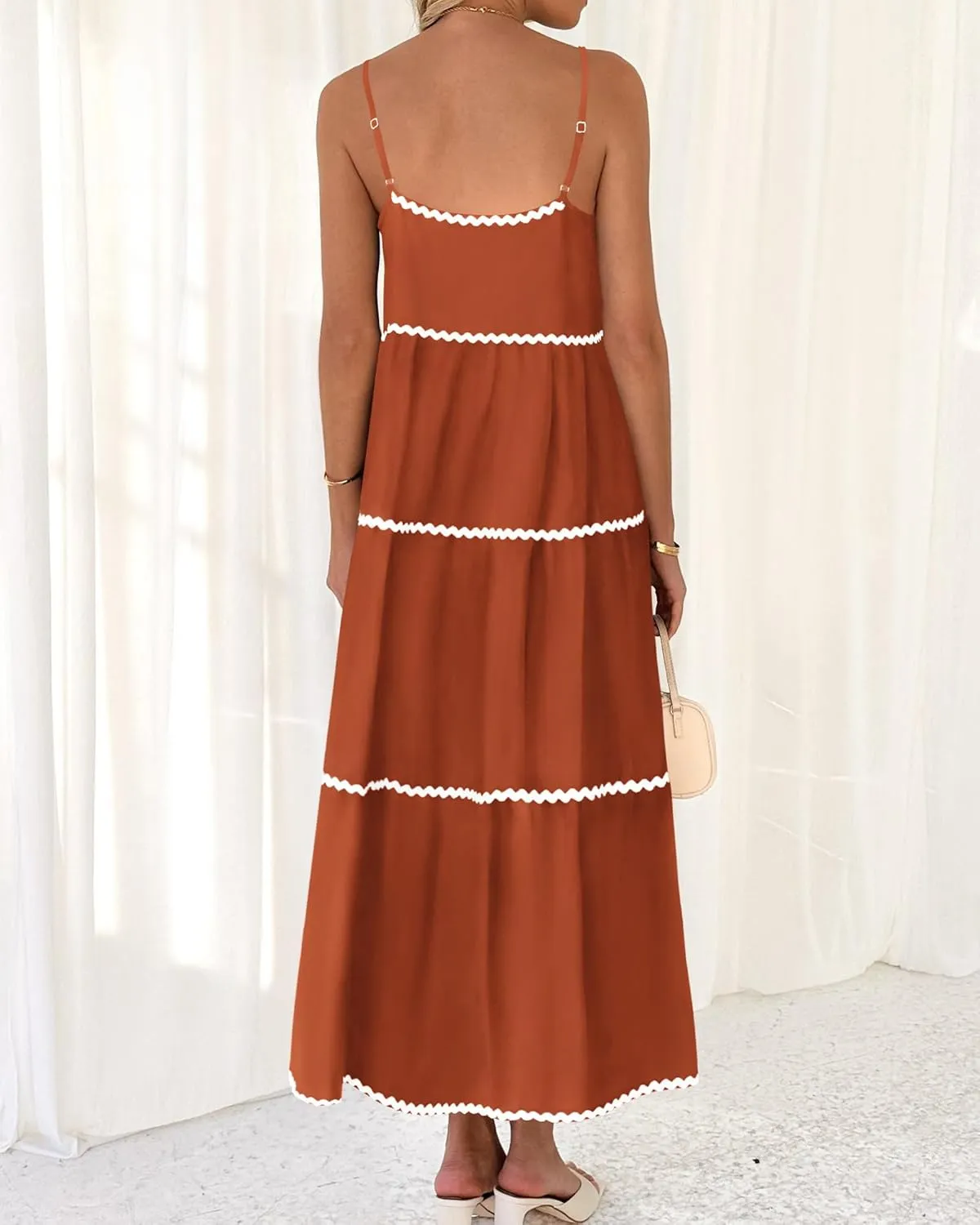 BTFBM Boho Summer Dresses 2025 Spaghetti Strap Backless Sundress RIC Rac Trim Tiered A-Line Long Casual Vacation Dress