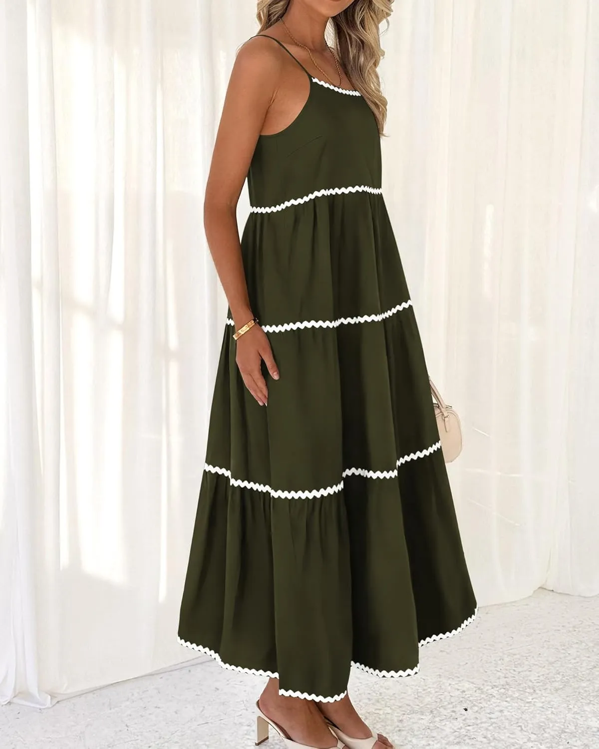 BTFBM Boho Summer Dresses 2025 Spaghetti Strap Backless Sundress RIC Rac Trim Tiered A-Line Long Casual Vacation Dress
