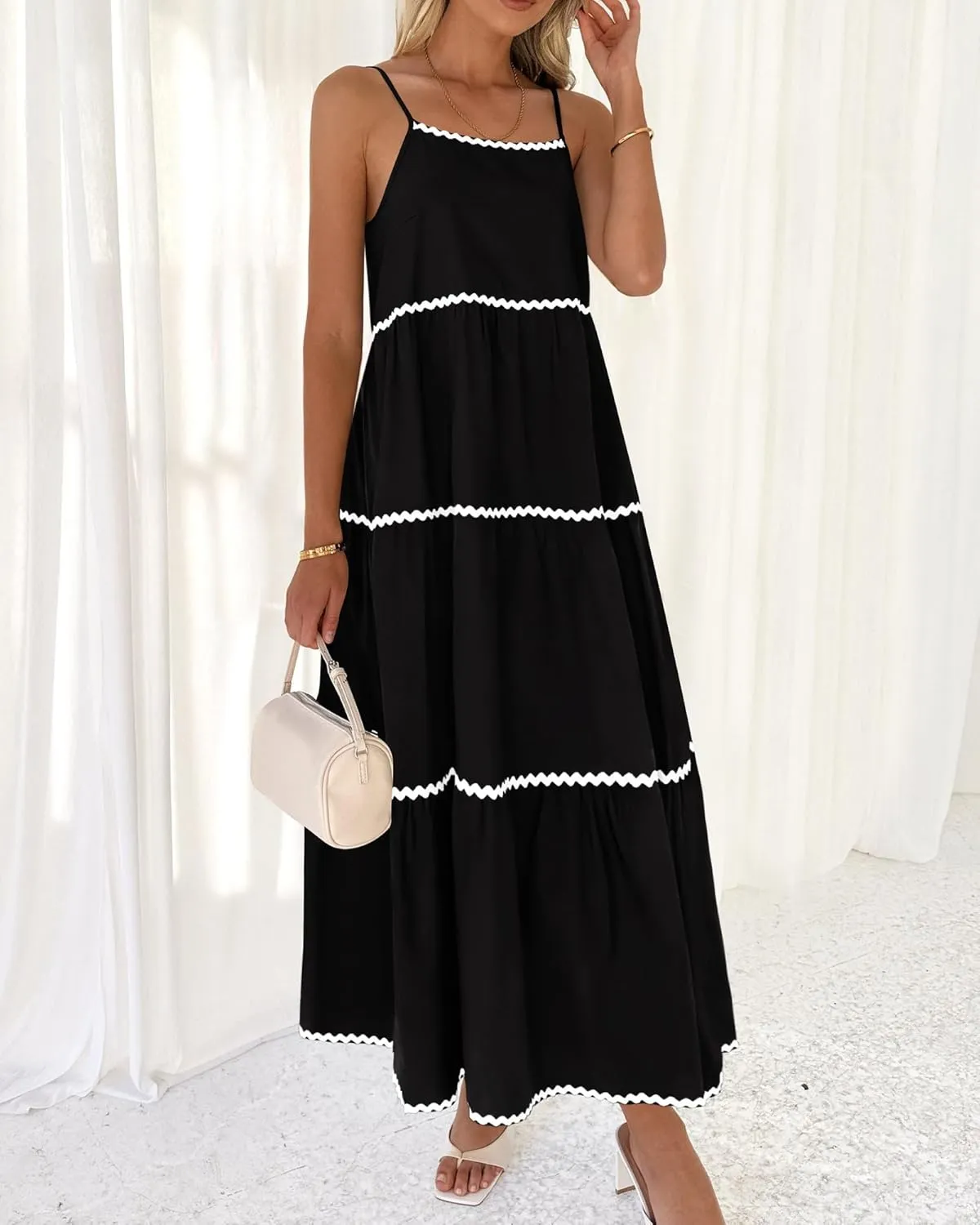 BTFBM Boho Summer Dresses 2025 Spaghetti Strap Backless Sundress RIC Rac Trim Tiered A-Line Long Casual Vacation Dress