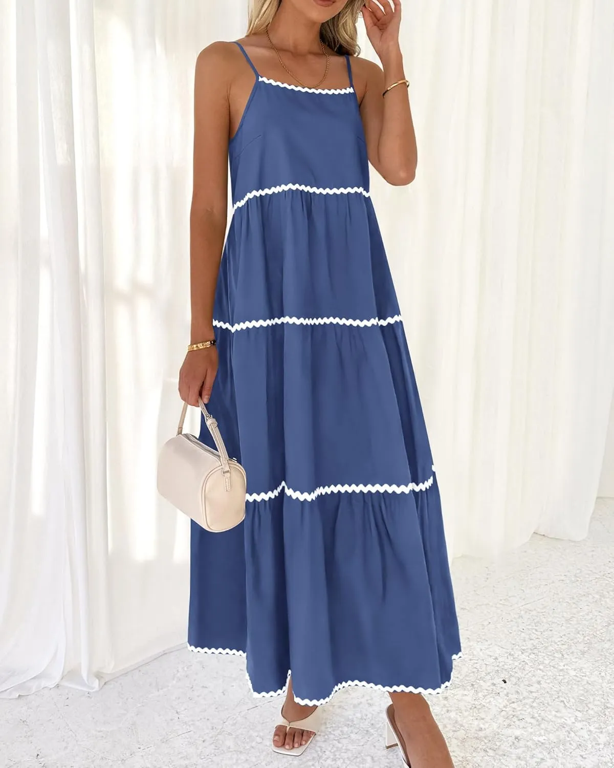 BTFBM Boho Summer Dresses 2025 Spaghetti Strap Backless Sundress RIC Rac Trim Tiered A-Line Long Casual Vacation Dress