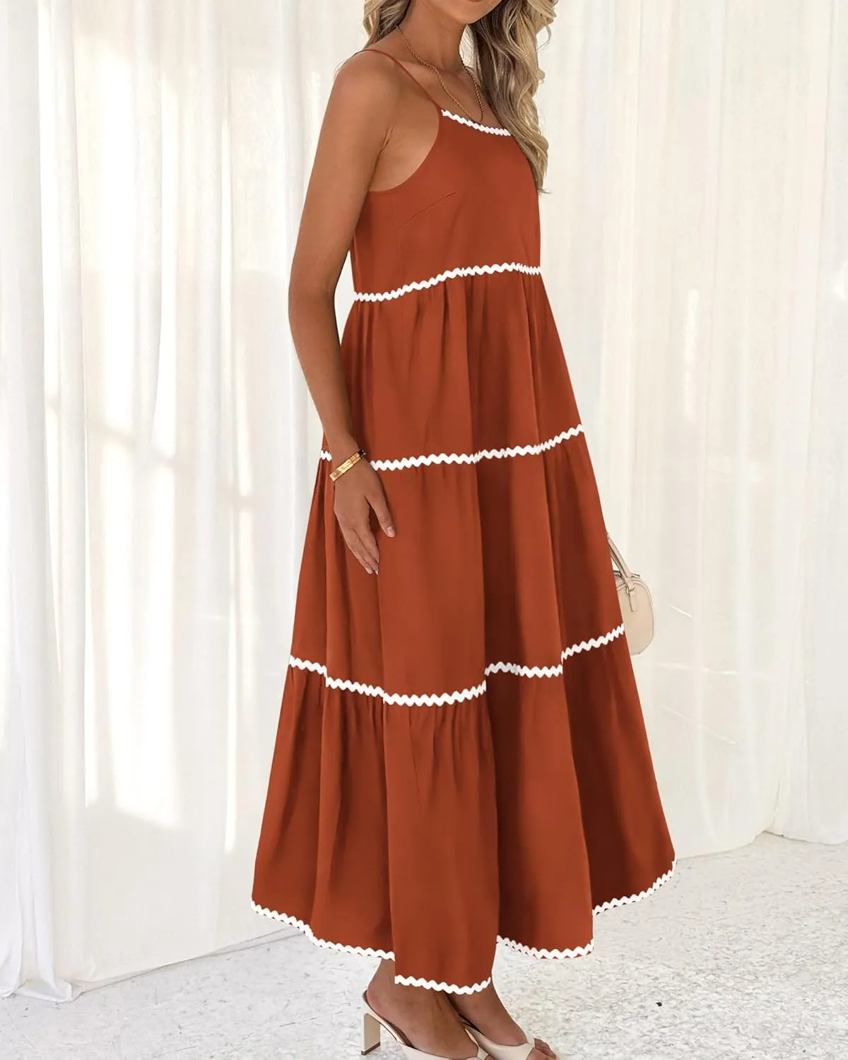BTFBM Boho Summer Dresses 2025 Spaghetti Strap Backless Sundress RIC Rac Trim Tiered A-Line Long Casual Vacation Dress