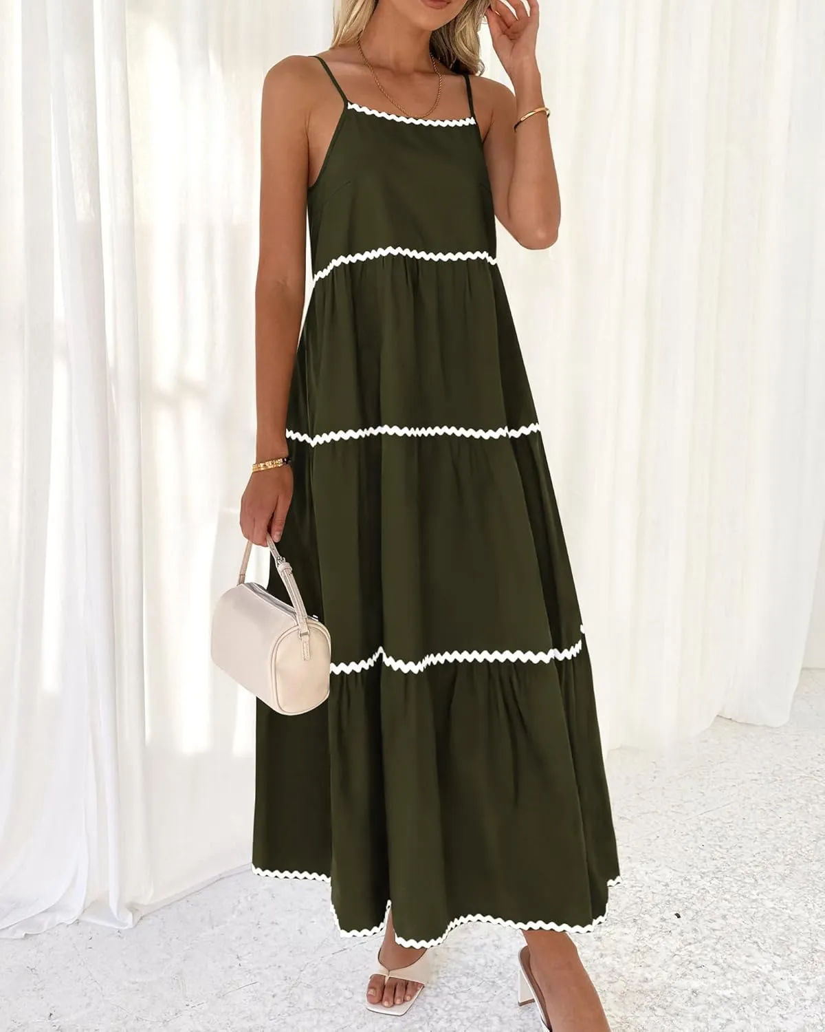 BTFBM Boho Summer Dresses 2025 Spaghetti Strap Backless Sundress RIC Rac Trim Tiered A-Line Long Casual Vacation Dress