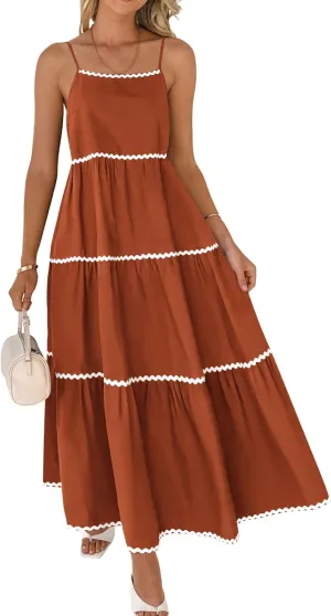 BTFBM Boho Summer Dresses 2025 Spaghetti Strap Backless Sundress RIC Rac Trim Tiered A-Line Long Casual Vacation Dress