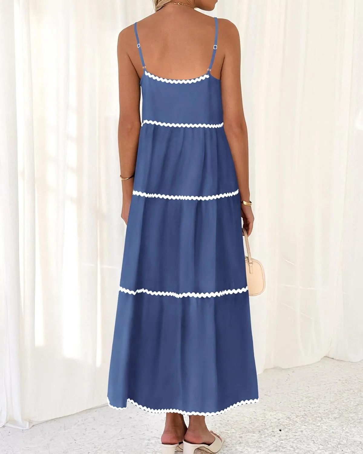 BTFBM Boho Summer Dresses 2025 Spaghetti Strap Backless Sundress RIC Rac Trim Tiered A-Line Long Casual Vacation Dress