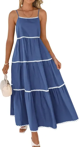 BTFBM Boho Summer Dresses 2025 Spaghetti Strap Backless Sundress RIC Rac Trim Tiered A-Line Long Casual Vacation Dress
