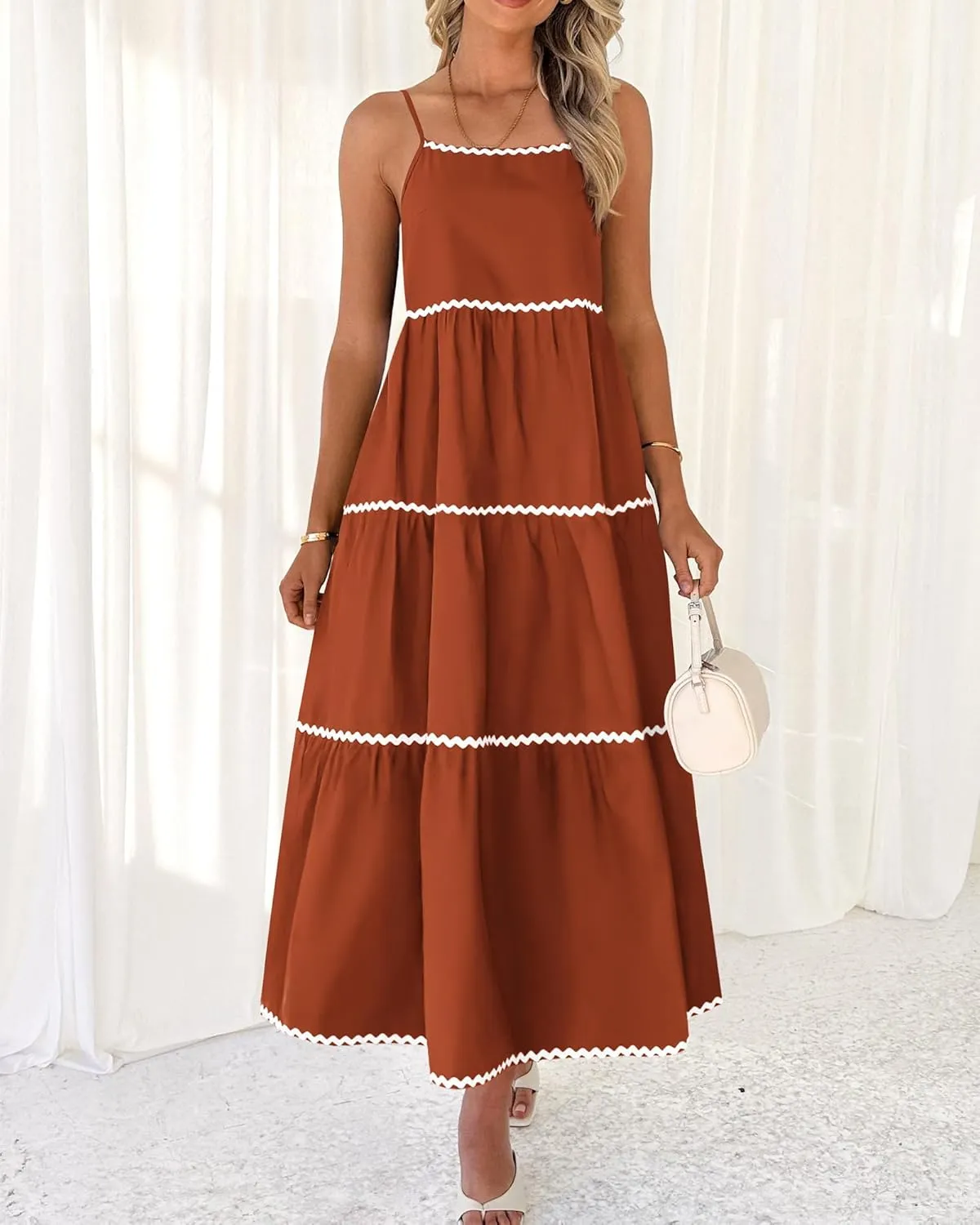 BTFBM Boho Summer Dresses 2025 Spaghetti Strap Backless Sundress RIC Rac Trim Tiered A-Line Long Casual Vacation Dress