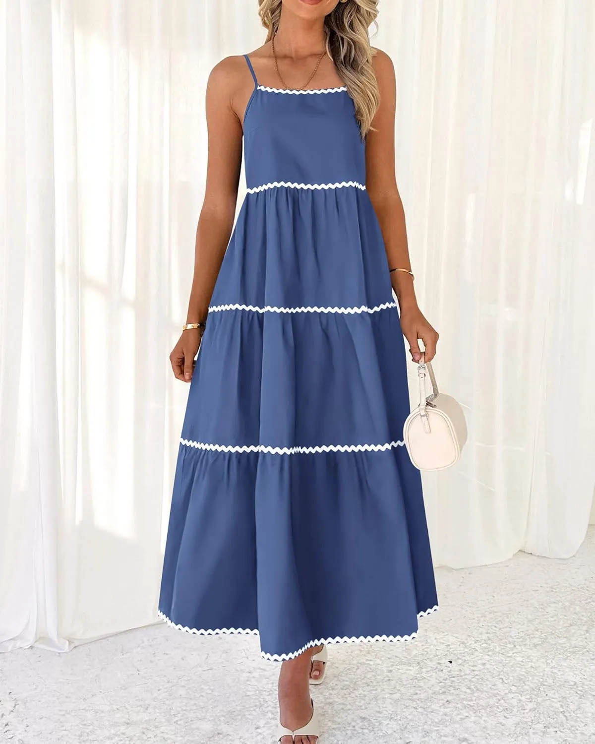 BTFBM Boho Summer Dresses 2025 Spaghetti Strap Backless Sundress RIC Rac Trim Tiered A-Line Long Casual Vacation Dress