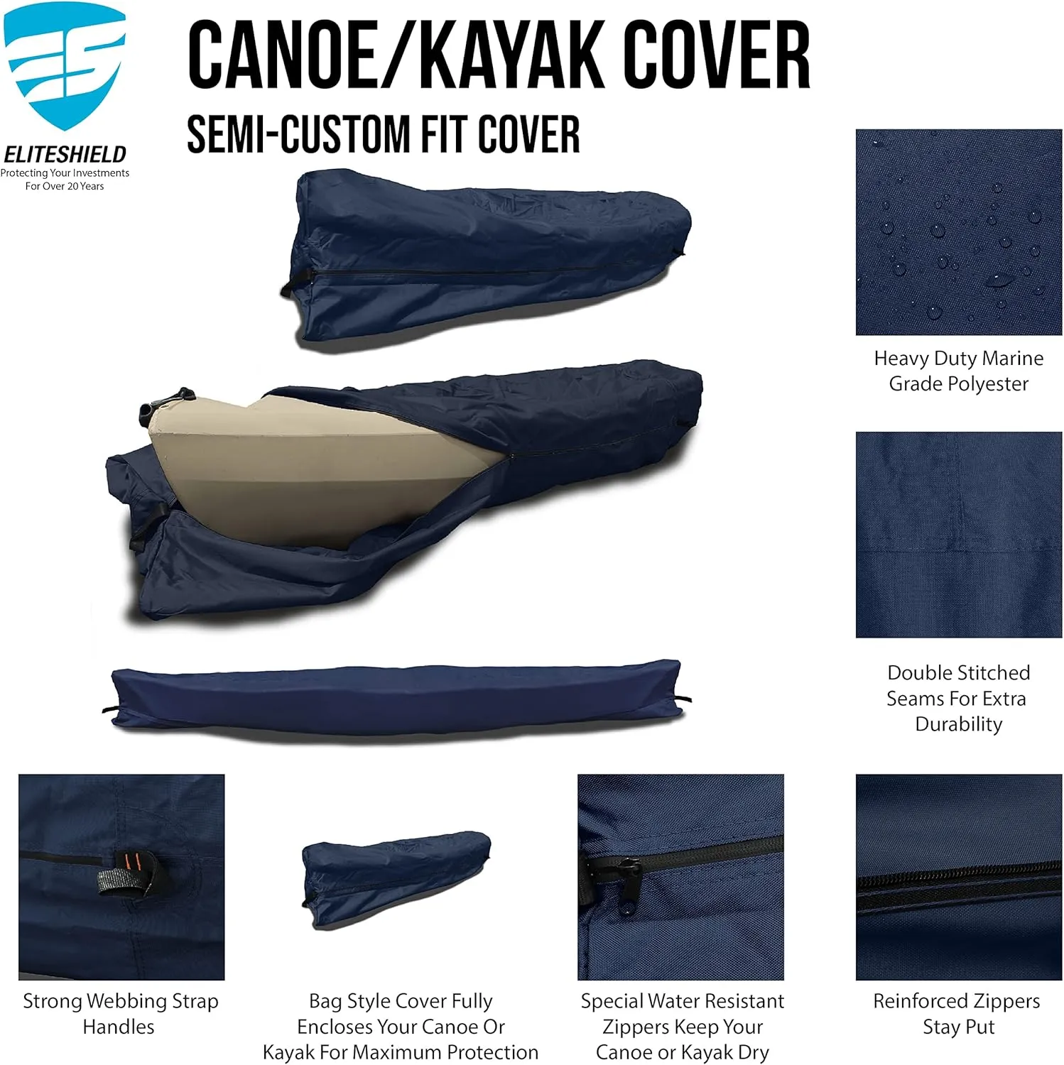 Canoe Cover Kayak Cover; Waterproof UV Resistant Marine Grade Polyester Canoe Kayak Boat Storage Cover fits 11ft - 12ft Long, 106 Inches Girth Navy Color