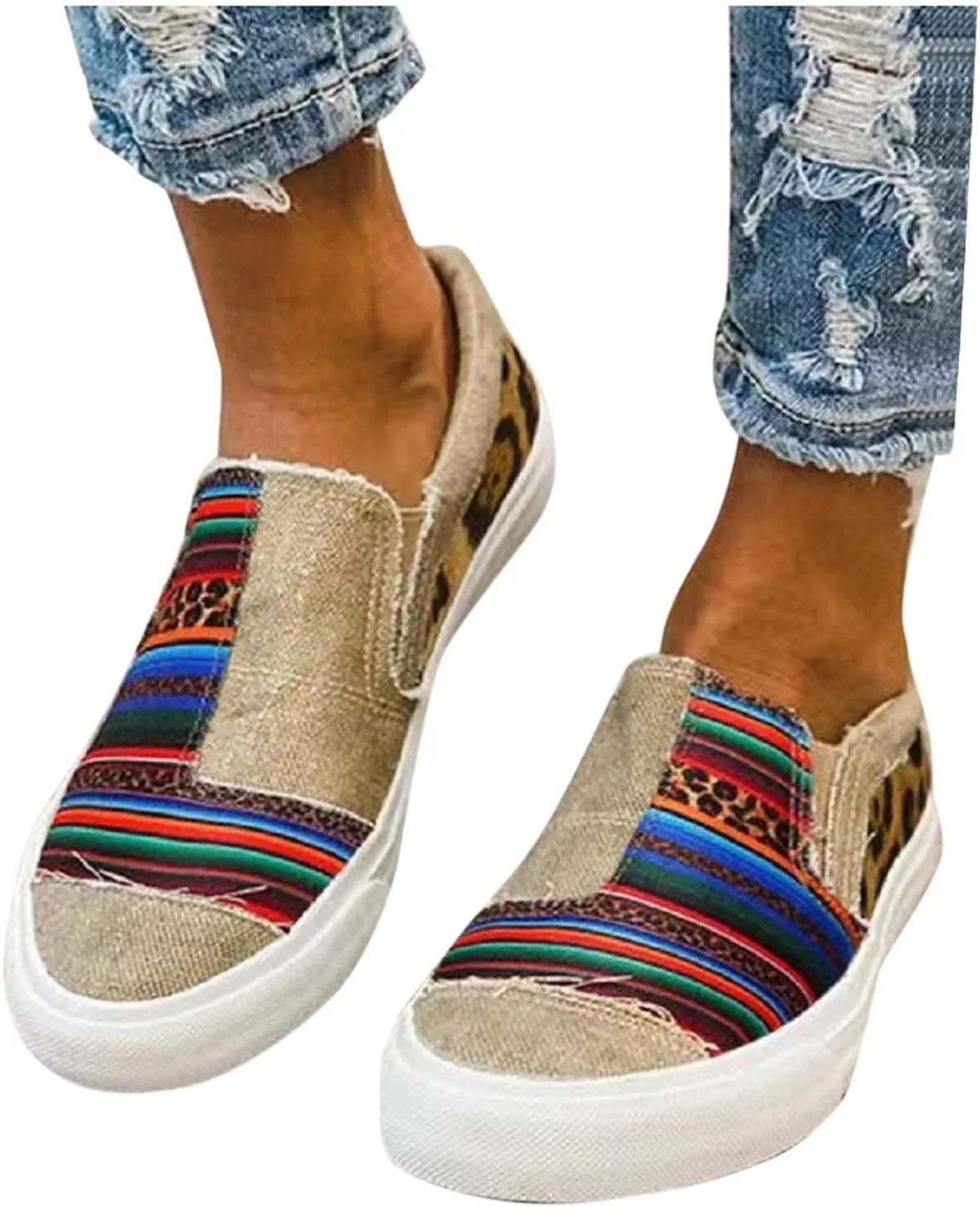 Canvas Shoes for Women Slip On Fashion Sneakers Low Top Casual Loafers Women's Slip On Shoe Canvas Sneakers Womens Tennis Shoes Flat Dress Work Shoe Stitching Printed Breathable Lightweight Walking