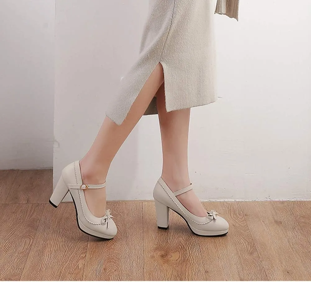 Caradise Womens Sweet Shoes Chunky Platform Mary Janes Pumps with Bow