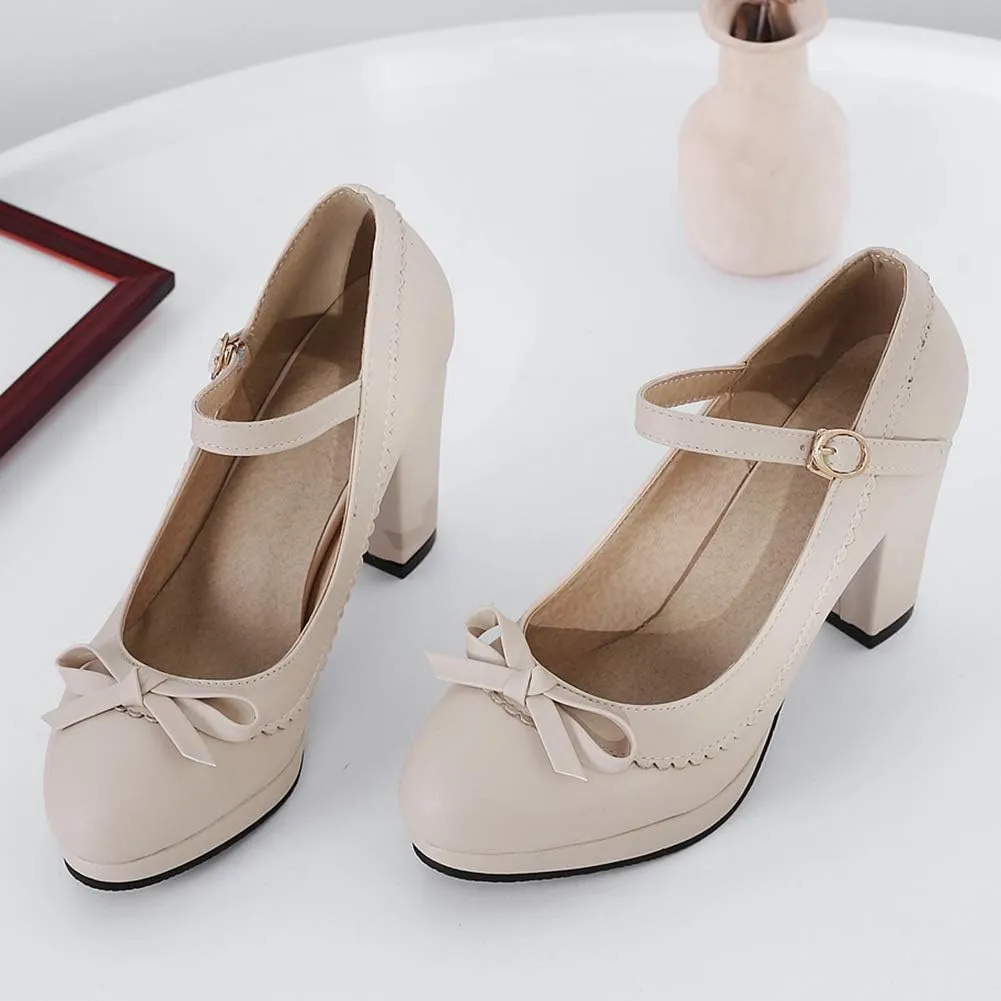 Caradise Womens Sweet Shoes Chunky Platform Mary Janes Pumps with Bow