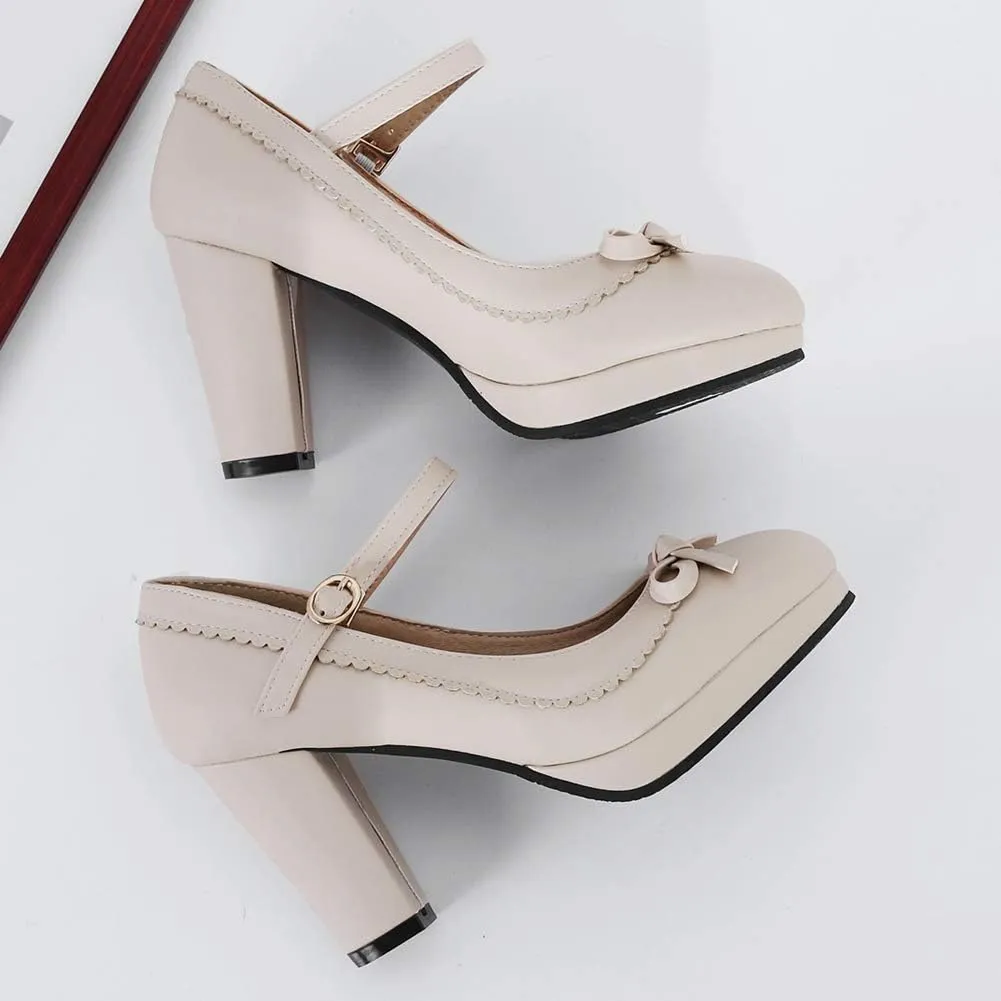 Caradise Womens Sweet Shoes Chunky Platform Mary Janes Pumps with Bow