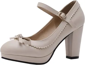 Caradise Womens Sweet Shoes Chunky Platform Mary Janes Pumps with Bow