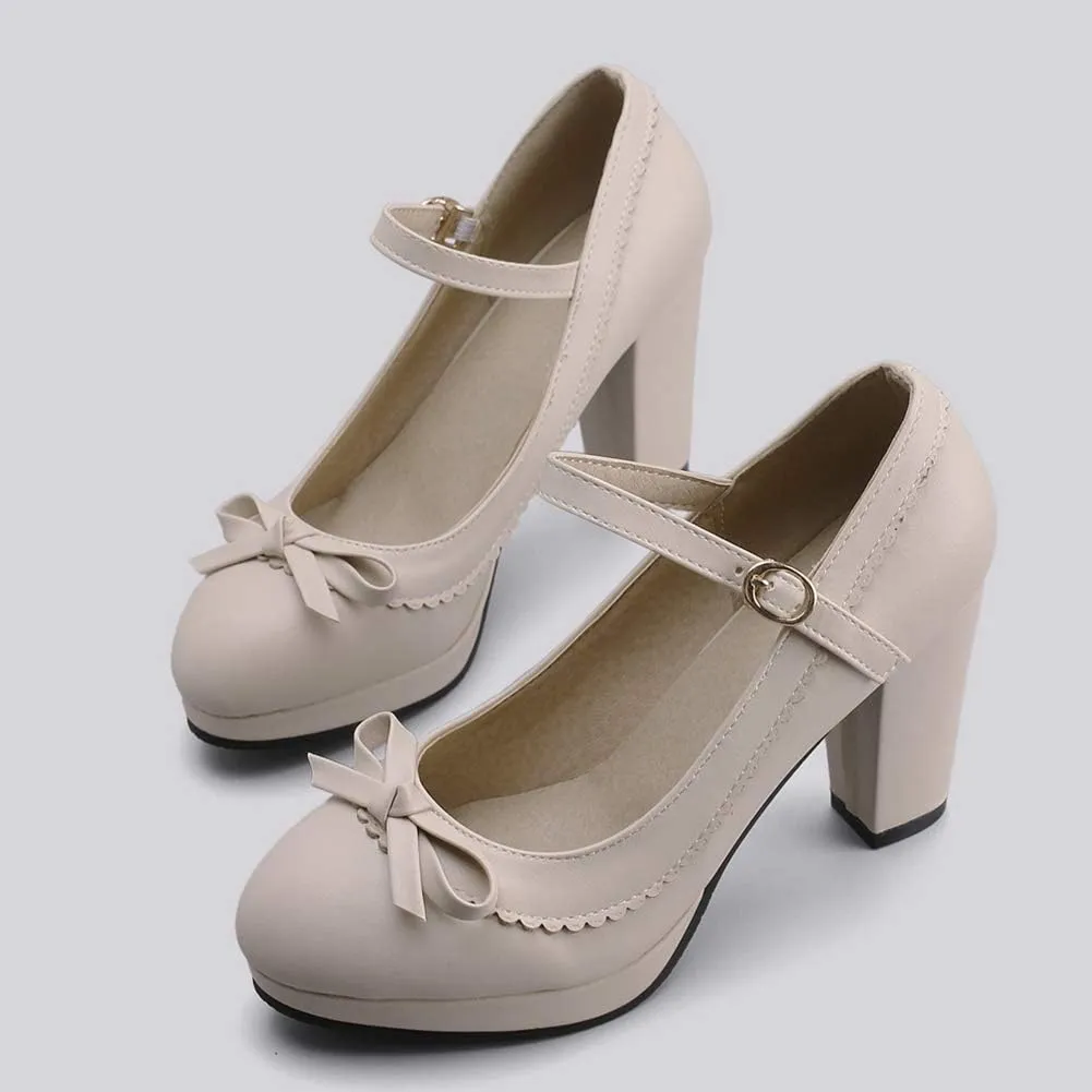 Caradise Womens Sweet Shoes Chunky Platform Mary Janes Pumps with Bow