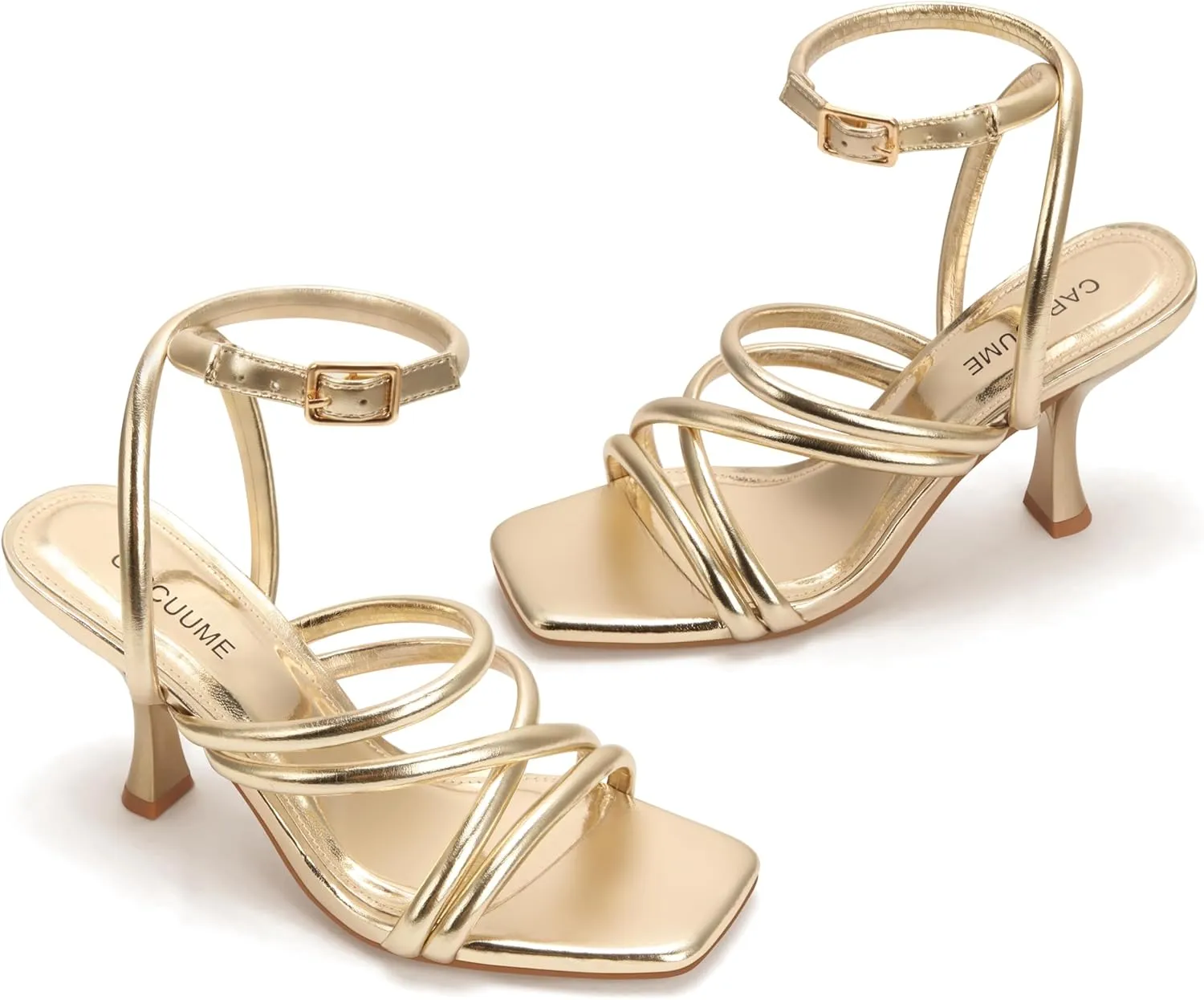 Carcuume Women's Square Toe Strappy Lace Up Heeled Sandals Ankle Buckle Kitten Heel
