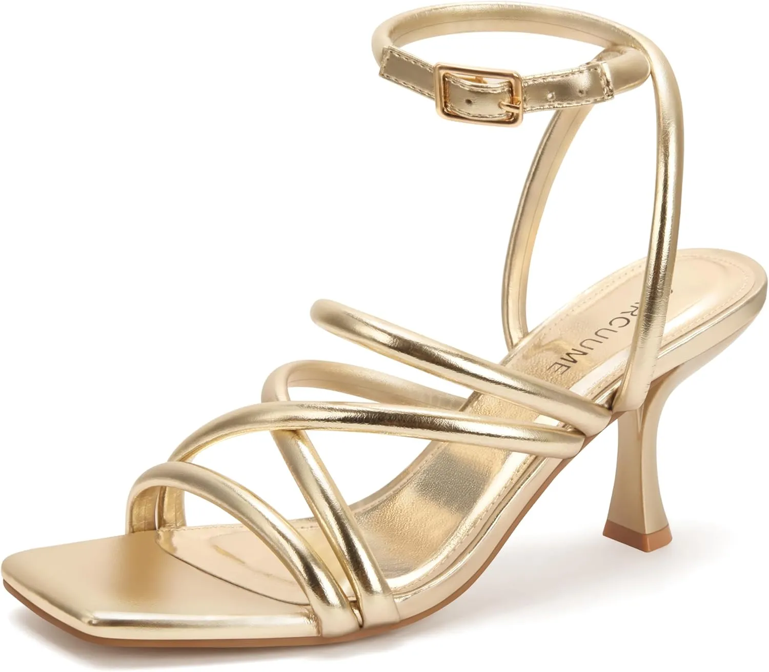 Carcuume Women's Square Toe Strappy Lace Up Heeled Sandals Ankle Buckle Kitten Heel