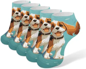 Cartoon Beagle Dog Ankle Socks for Men & Women, 5 Pairs Breathable Soft Low Cut Socks, Stretch Sweat Wicking Sox