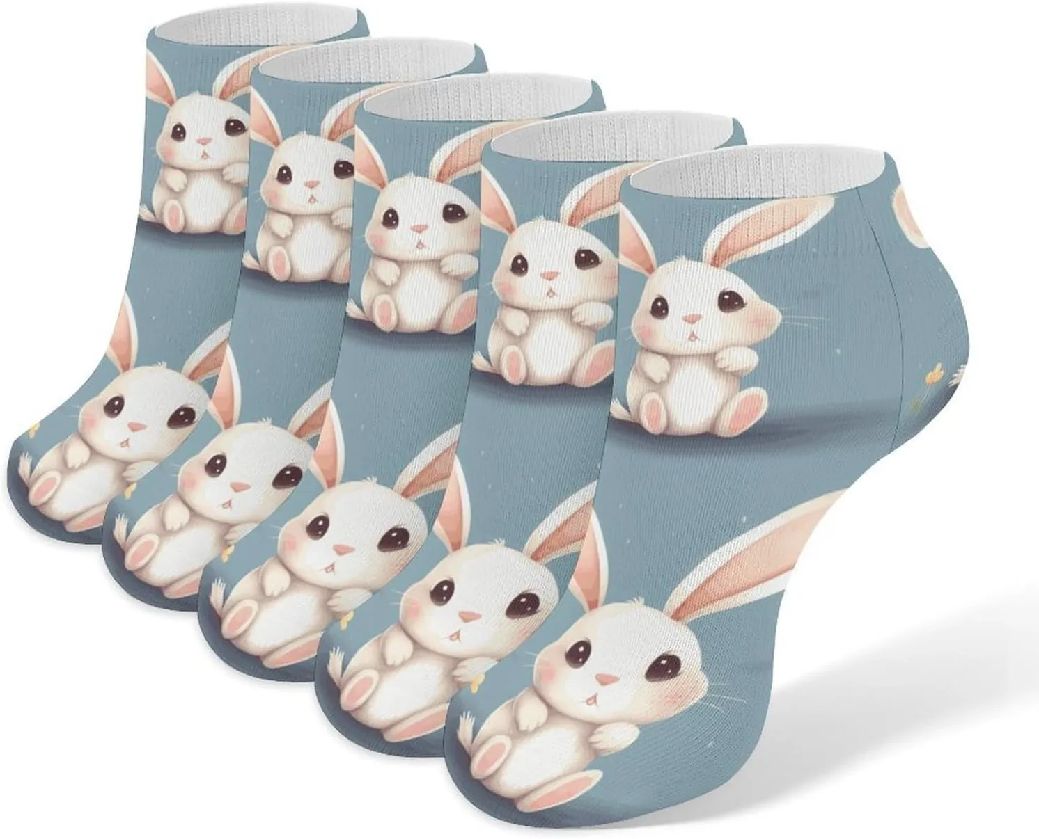 Cartoon Cute Bunny Ankle Socks for Men & Women, 5 Pairs Breathable Soft Low Cut Socks, Stretch Sweat Wicking Sox