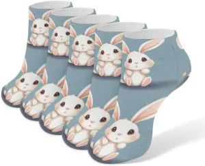 Cartoon Cute Bunny Ankle Socks for Men & Women, 5 Pairs Breathable Soft Low Cut Socks, Stretch Sweat Wicking Sox
