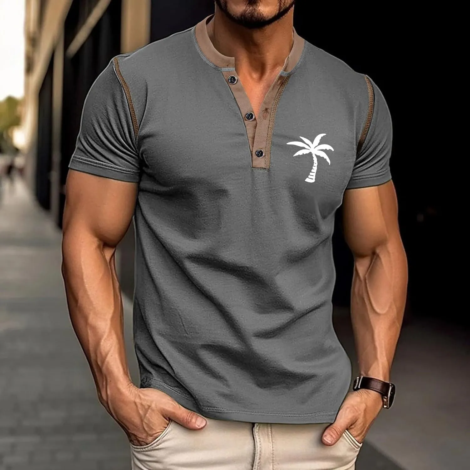 Casual Henley Shirts for Men Classic Button Cotton Short Sleeve Graphic T-Shirt Summer Basic Lightweight Sports Tees