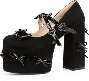 CELNEPHO Platform Mary Jane Shoes for Women Cute Bow Buckle High Chunky Heel Cute Suede Dress Shoes Goth Pumps Shoes Uniform Oxfords Outdoor