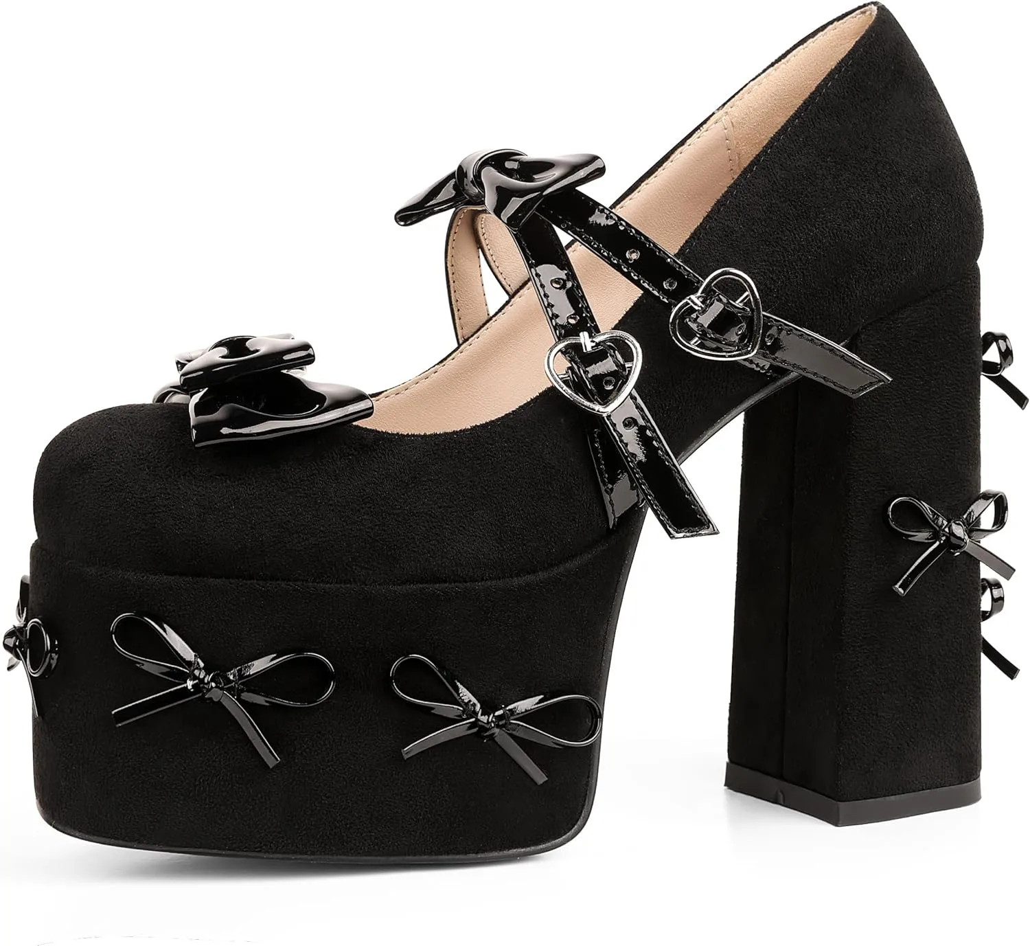CELNEPHO Platform Mary Jane Shoes for Women Cute Bow Buckle High Chunky Heel Cute Suede Dress Shoes Goth Pumps Shoes Uniform Oxfords Outdoor