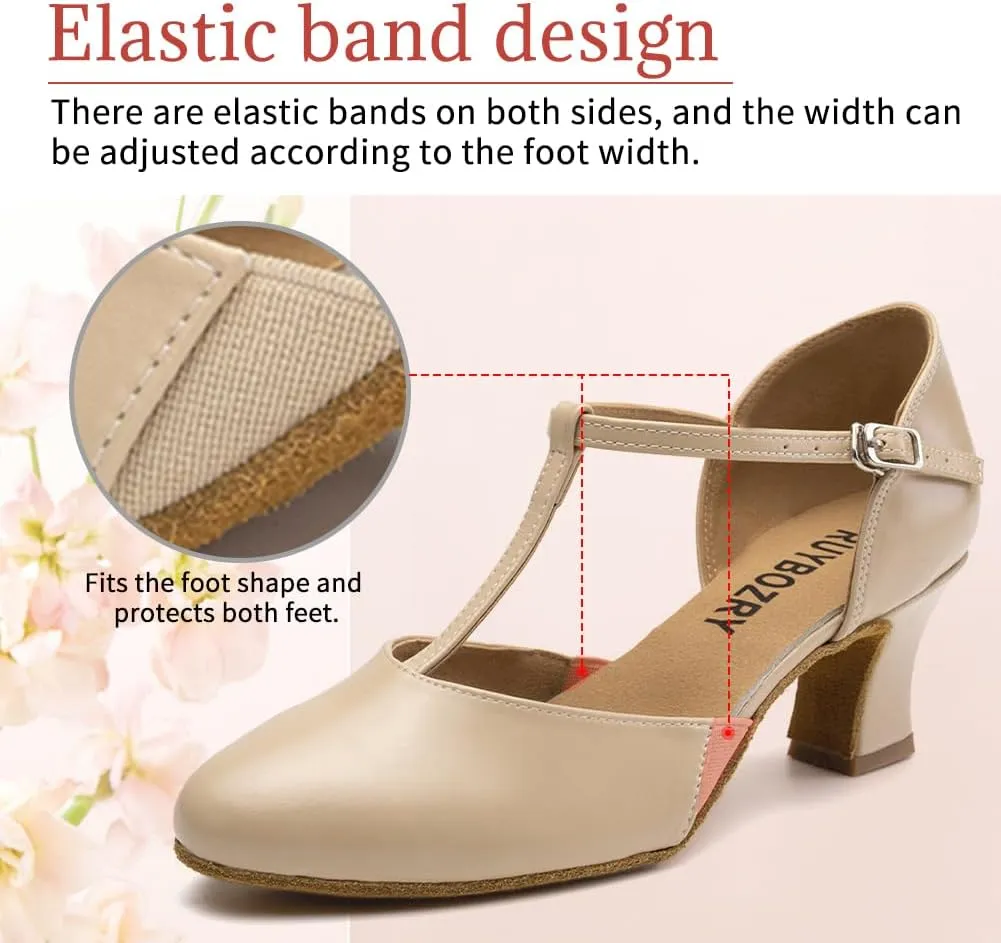Character Shoes for Women T-Strap Closed Toe Latin Salsa Tango Standard Ballroom Dance Shoes,Model D29-Suede Sole-2.33”Heel