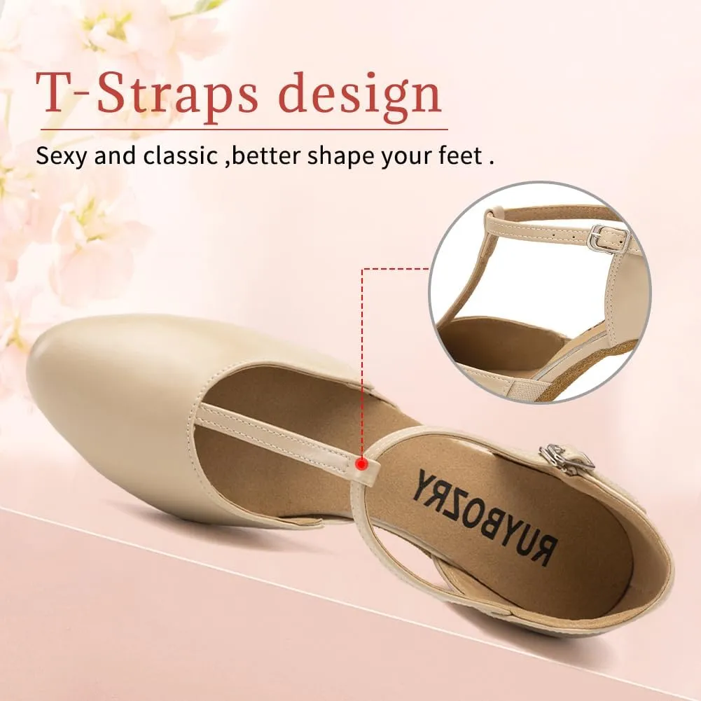 Character Shoes for Women T-Strap Closed Toe Latin Salsa Tango Standard Ballroom Dance Shoes,Model D29-Suede Sole-2.33”Heel